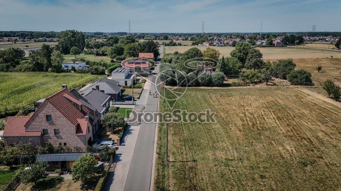 Dorpsstraat met huizen en akkerland