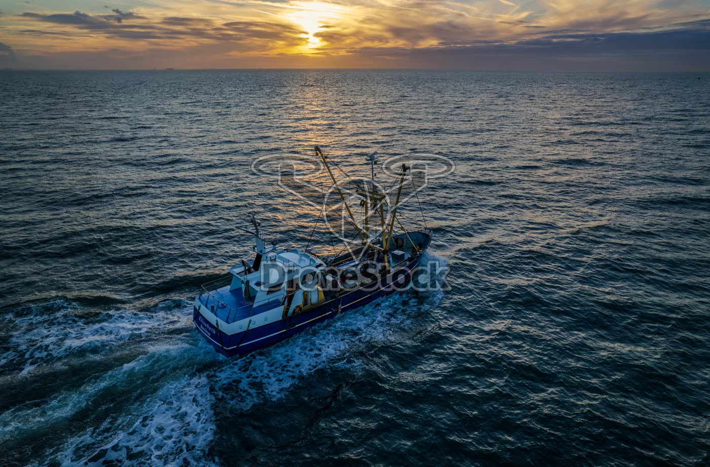 Viskotter Elisabeth WR 181 op zee met zonsondergang