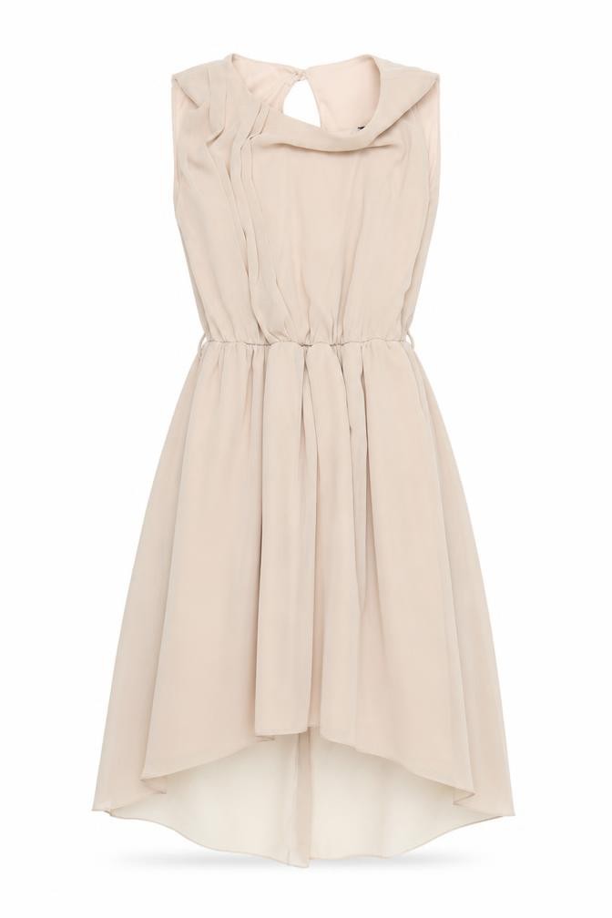Rare Womens Fit & Flare Dress Size 6 Beige Knee Length Round Neck Dipped Hem - front view