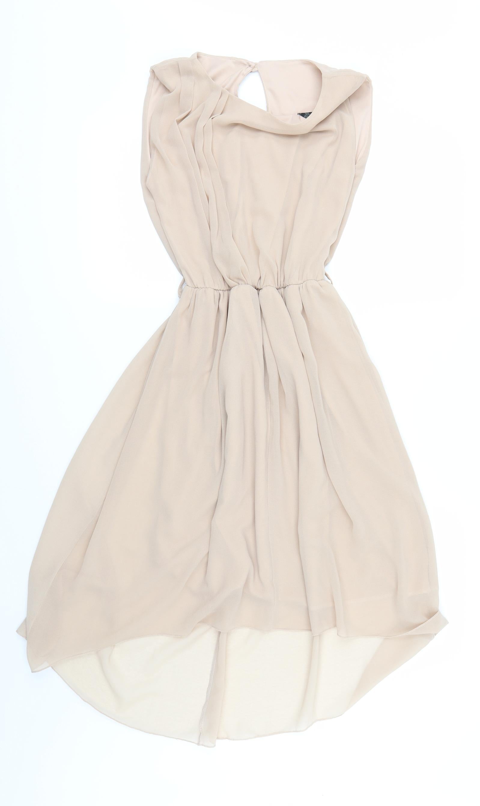 Rare Womens Fit & Flare Dress Size 6 Beige Knee Length Round Neck Dipped Hem - reverse view