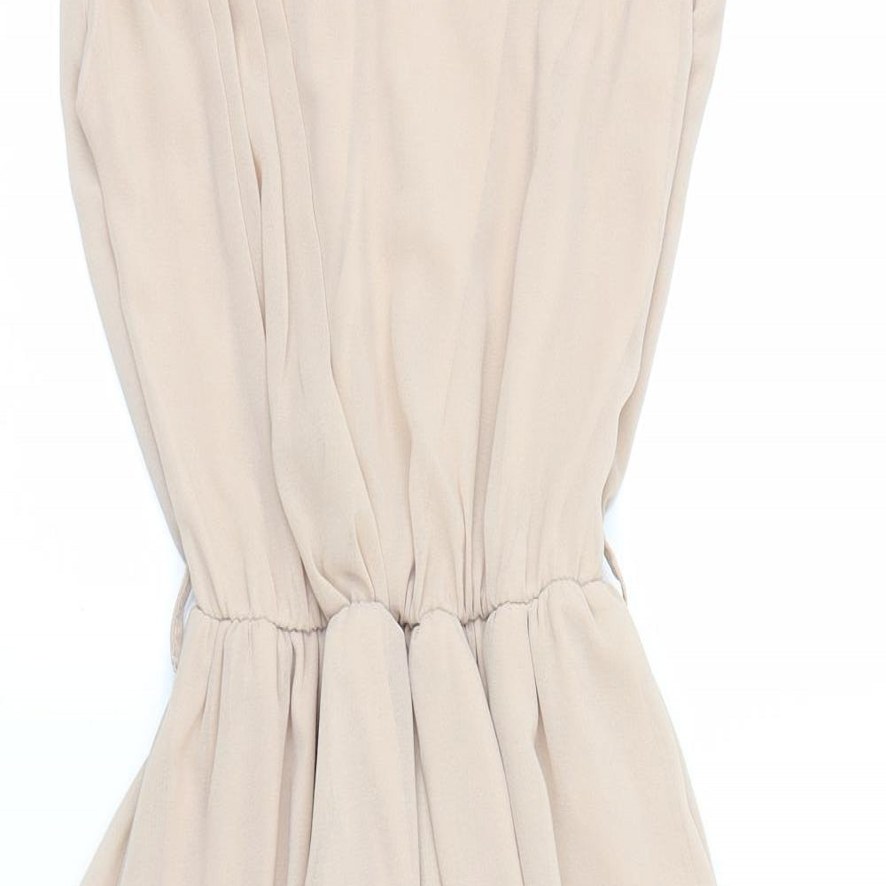 Rare Womens Fit & Flare Dress Size 6 Beige Knee Length Round Neck Dipped Hem - close detail