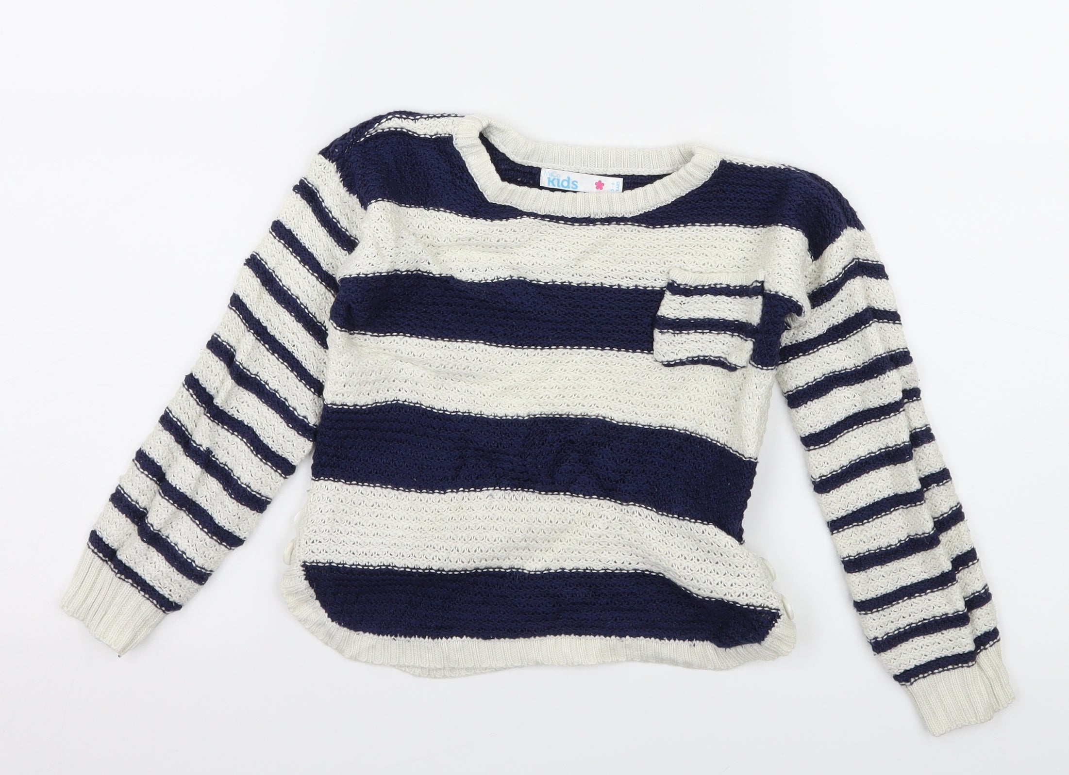 Girls M&Co Size 5-6 Years Pullover Jumper White Crew Neck Striped Long Sleeve - reverse view