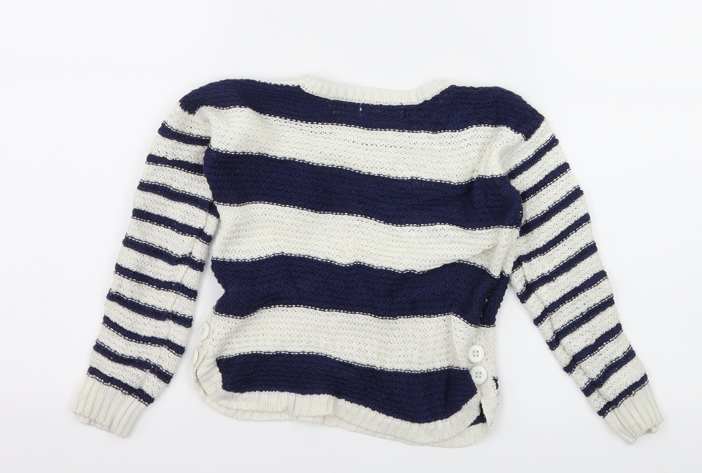 Girls M&Co Size 5-6 Years Pullover Jumper White Crew Neck Striped Long Sleeve - label detail