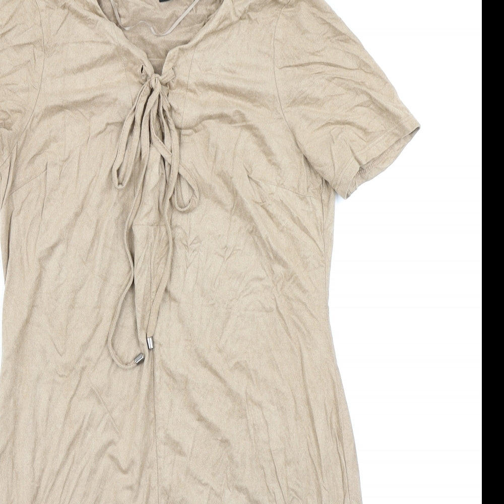 Womens Atmosphere Size 6 Bodycon Dress Brown Short V-Neck Short Sleeve - close detail
