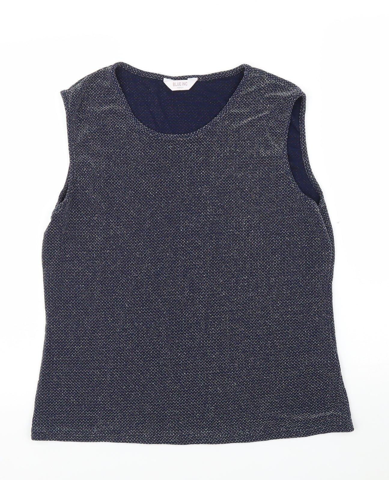 Blue Inc Womens Basic Blouse Size 16 Blue Herringbone Round Neck Sleeveless - reverse view