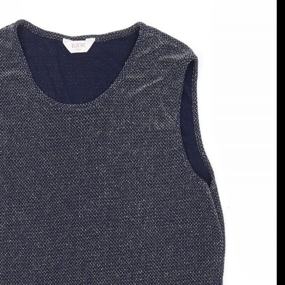 Blue Inc Womens Basic Blouse Size 16 Blue Herringbone Round Neck Sleeveless - close detail