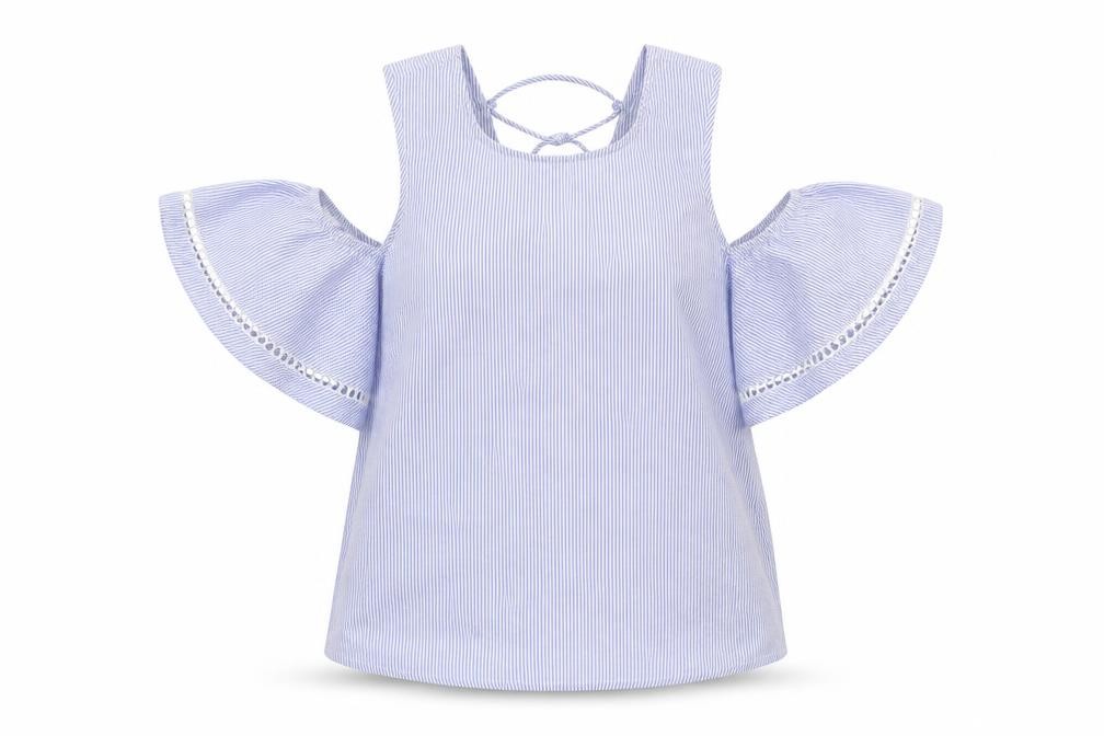 New Look Womens Basic Blouse Size 6 Blue Striped Round Neck Short Sleeve - front view