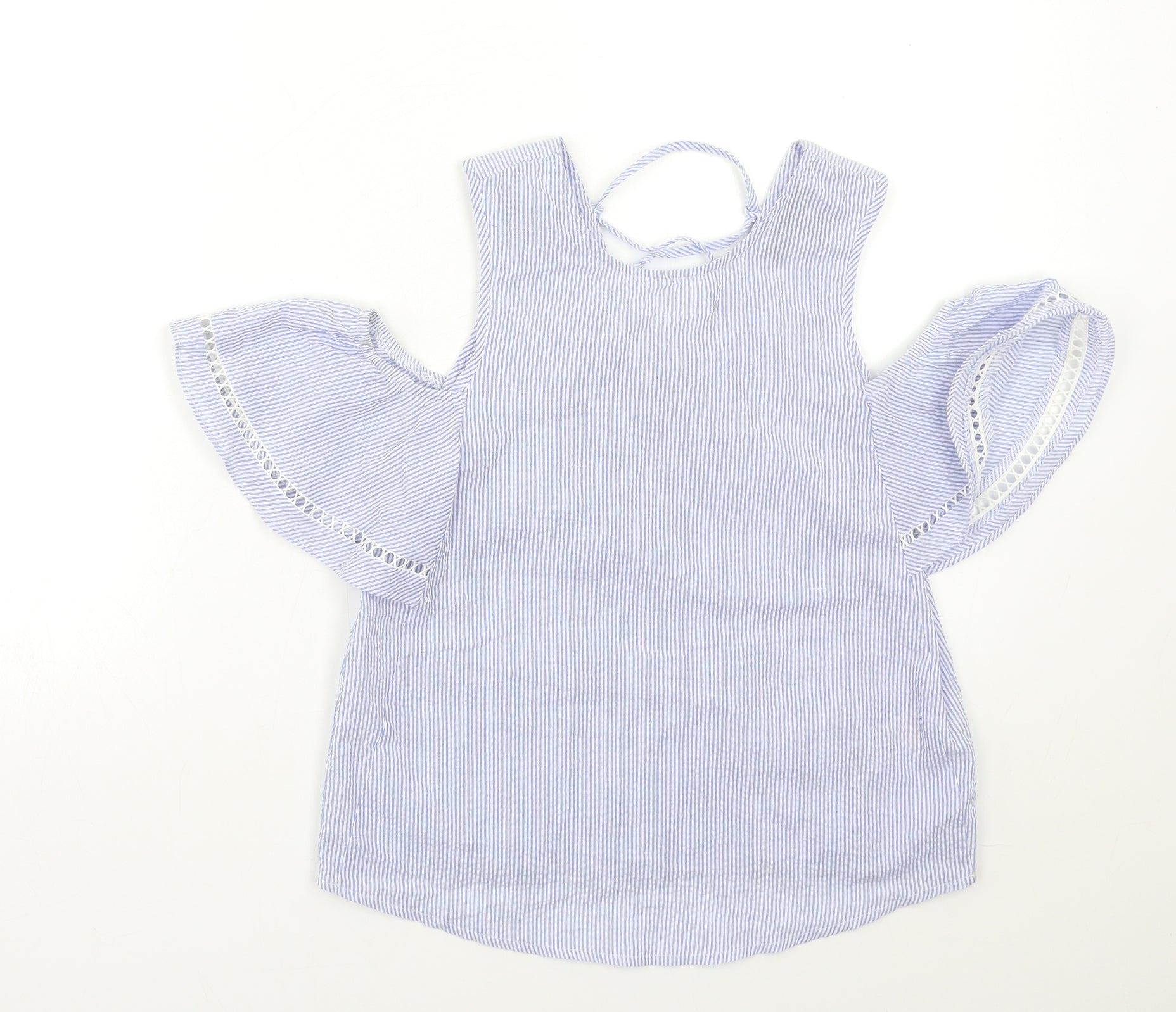 New Look Womens Basic Blouse Size 6 Blue Striped Round Neck Short Sleeve - reverse view