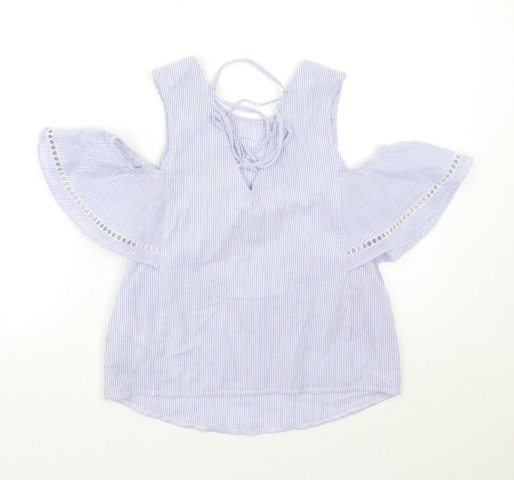 New Look Womens Basic Blouse Size 6 Blue Striped Round Neck Short Sleeve - label detail