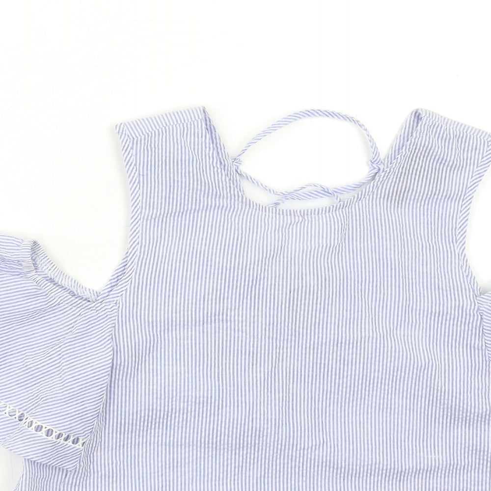 New Look Womens Basic Blouse Size 6 Blue Striped Round Neck Short Sleeve - close detail