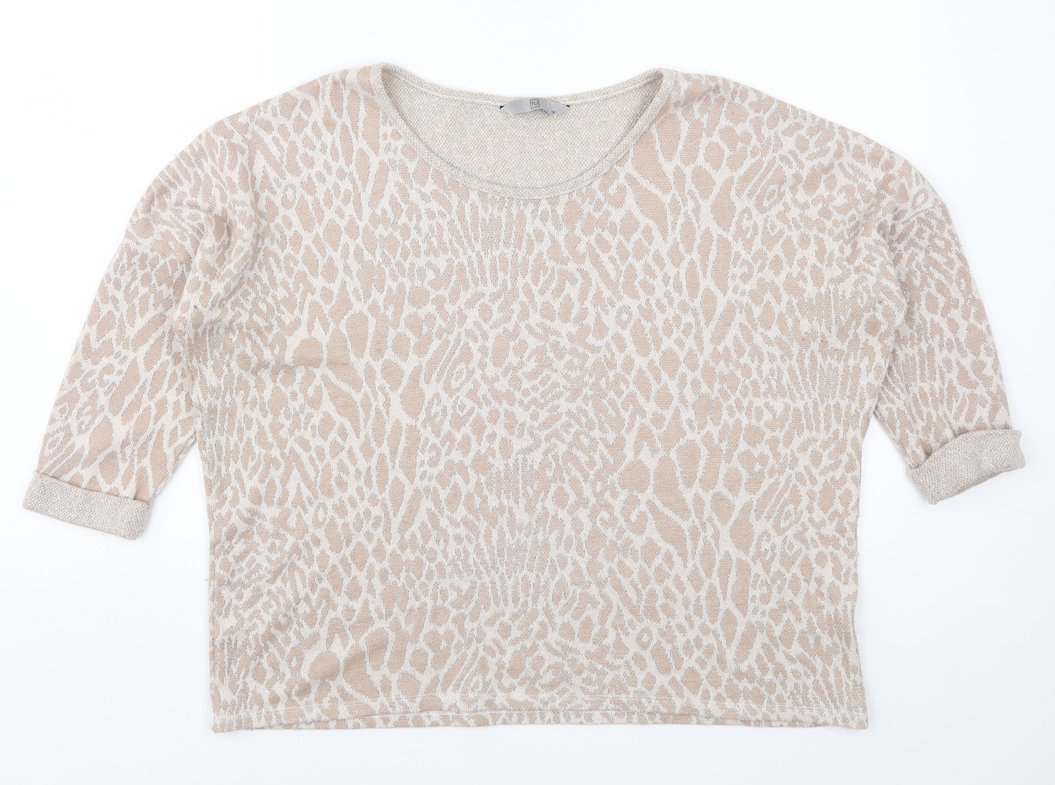 TU Womens Pullover Jumper Size 14 Beige Round Neck Animal Print 3/4 Sleeve - reverse view