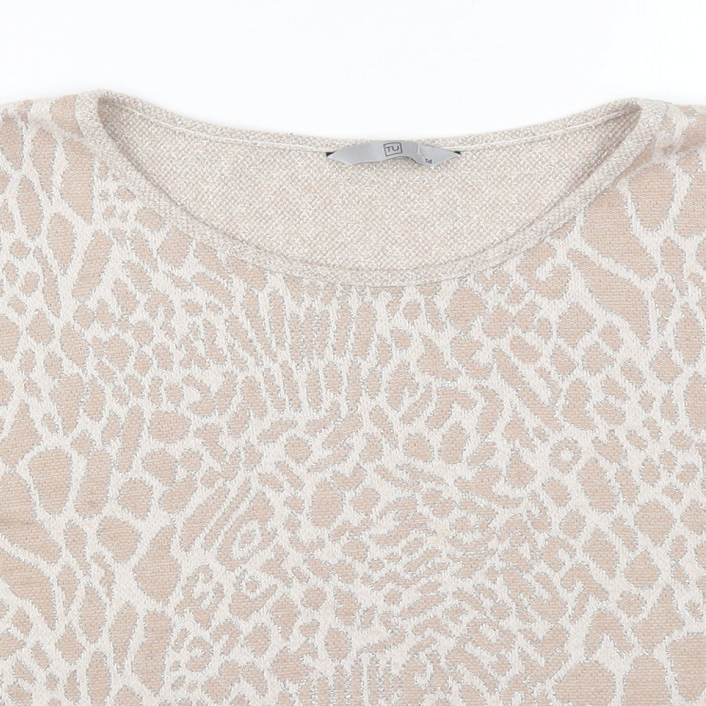 TU Womens Pullover Jumper Size 14 Beige Round Neck Animal Print 3/4 Sleeve - close detail