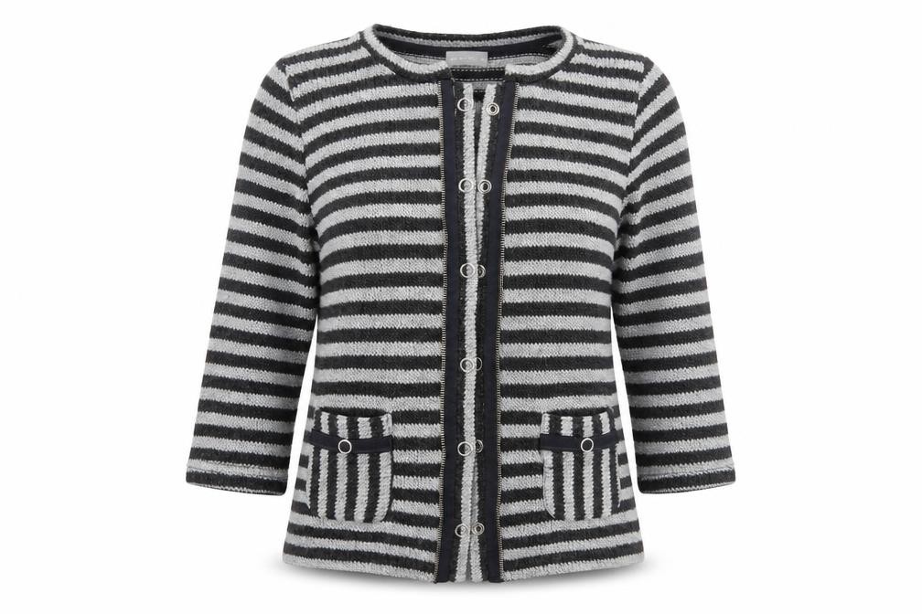 Per Una Womens Cardigan Jumper Size M Grey Crew Neck Striped Long Sleeve - front view
