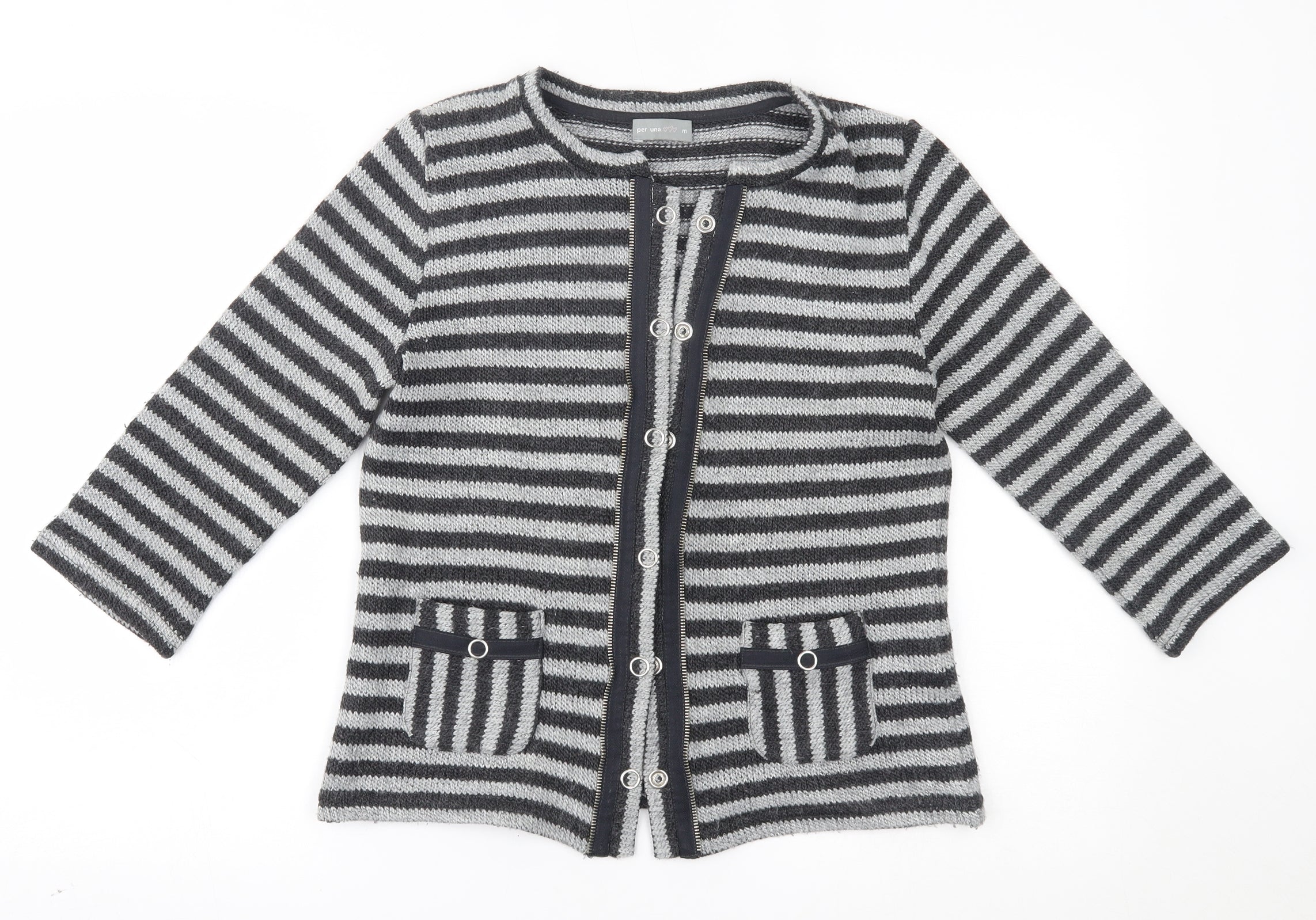 Per Una Womens Cardigan Jumper Size M Grey Crew Neck Striped Long Sleeve - reverse view