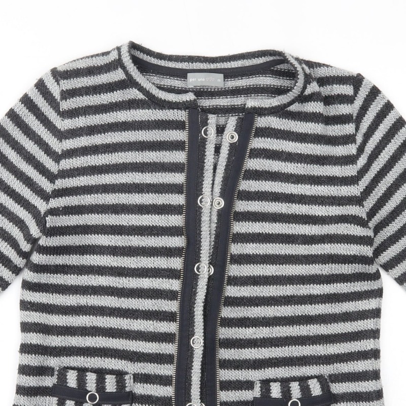 Per Una Womens Cardigan Jumper Size M Grey Crew Neck Striped Long Sleeve - label detail