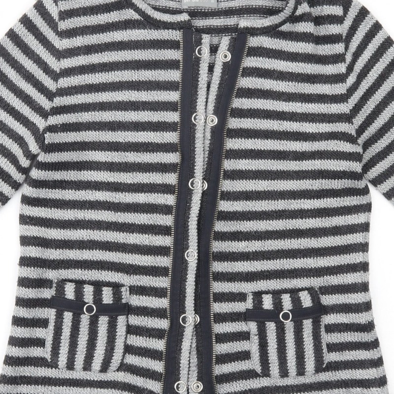 Per Una Womens Cardigan Jumper Size M Grey Crew Neck Striped Long Sleeve - close detail