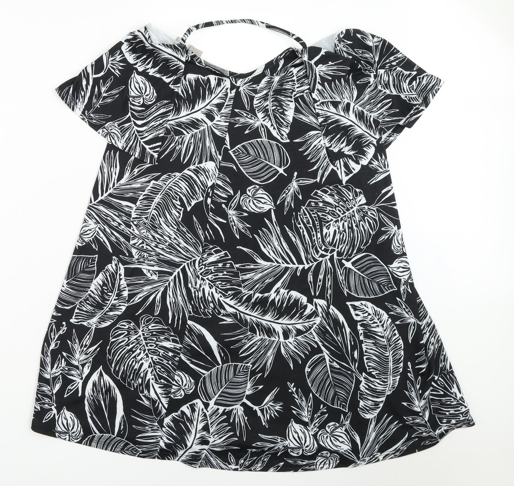 Womens ASOS Size 10 Mini Dress Black Batik Short Round Neck Short Sleeve - reverse view