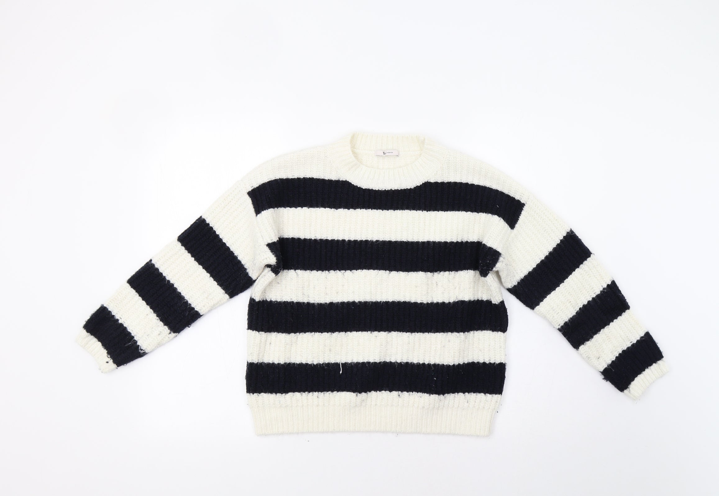Womens TU Size 12 Pullover Jumper White Crew Neck Striped Long Sleeve - reverse view