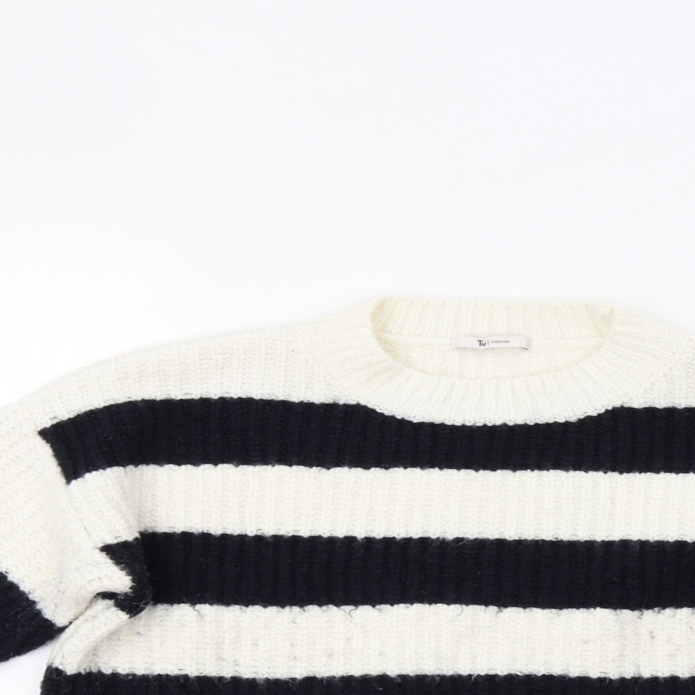 Womens TU Size 12 Pullover Jumper White Crew Neck Striped Long Sleeve - close detail
