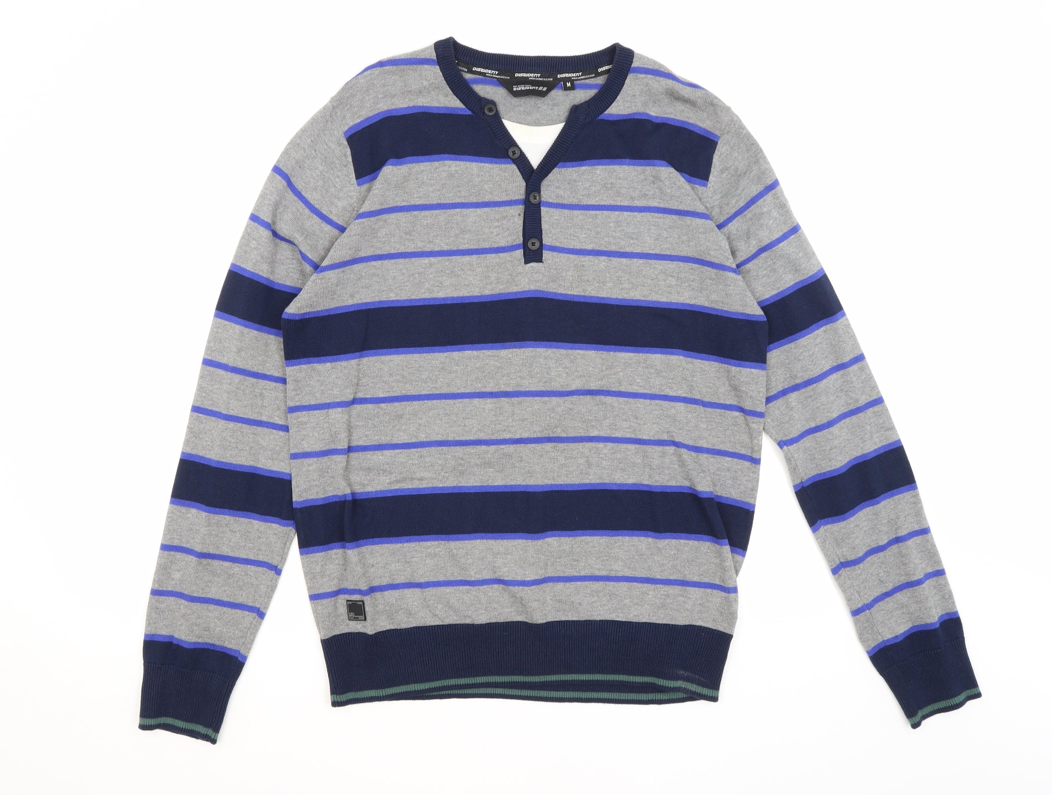 Dissident Mens Pullover Jumper Size M Grey Round Neck Striped Long Sleeve - reverse view