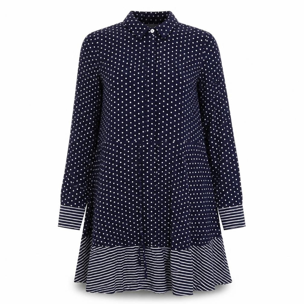 Warehouse Womens A-Line Dress Size 6 Blue Polka Dot Short Collared Long Sleeve - front view