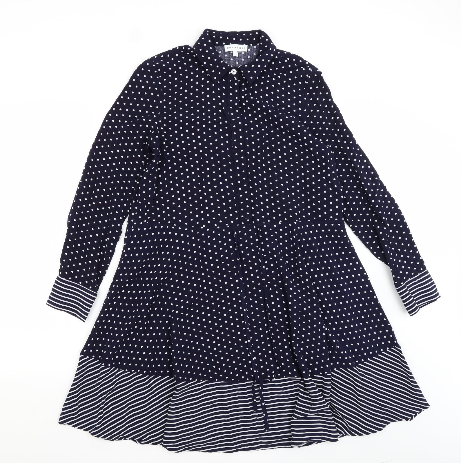 Warehouse Womens A-Line Dress Size 6 Blue Polka Dot Short Collared Long Sleeve - reverse view