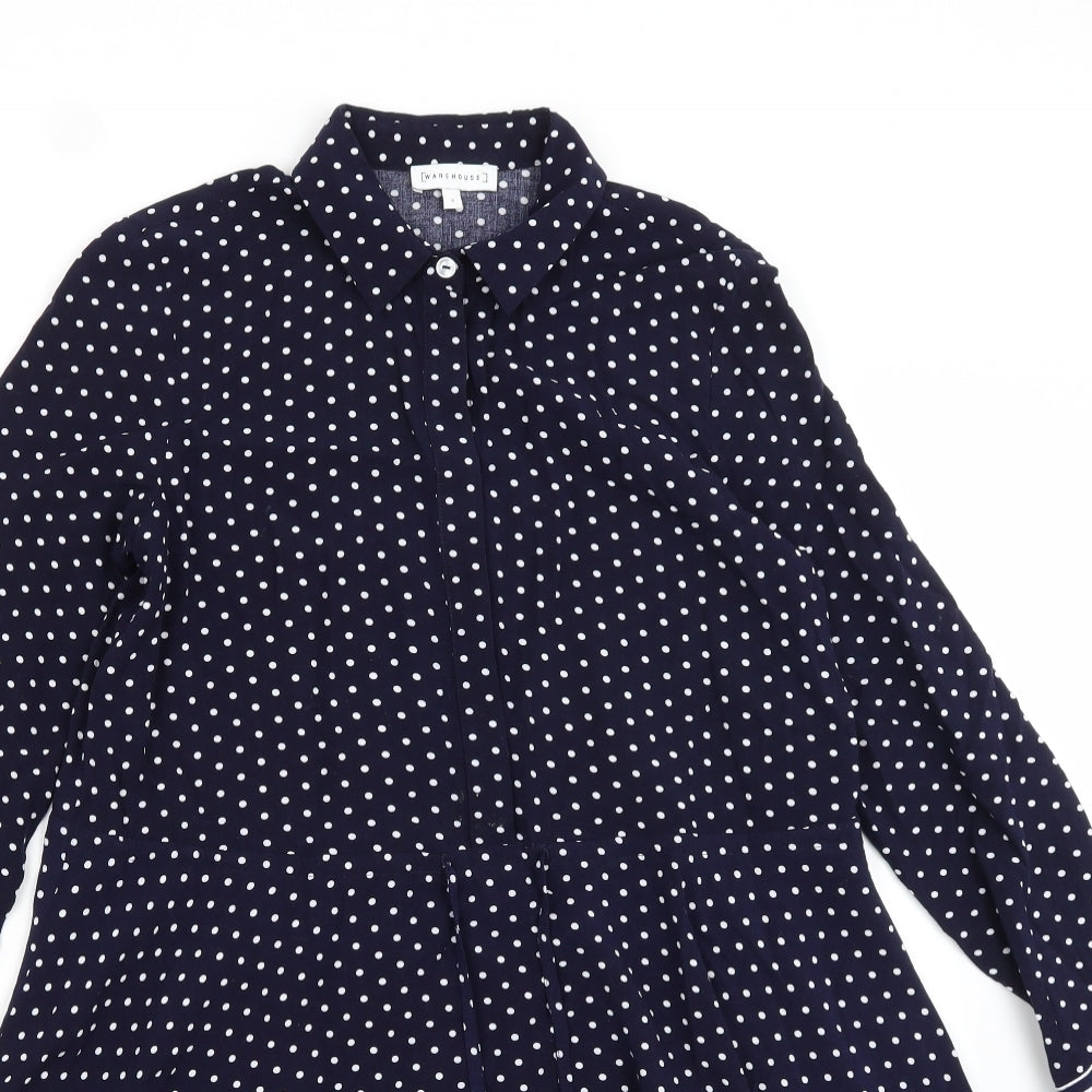 Warehouse Womens A-Line Dress Size 6 Blue Polka Dot Short Collared Long Sleeve - close detail