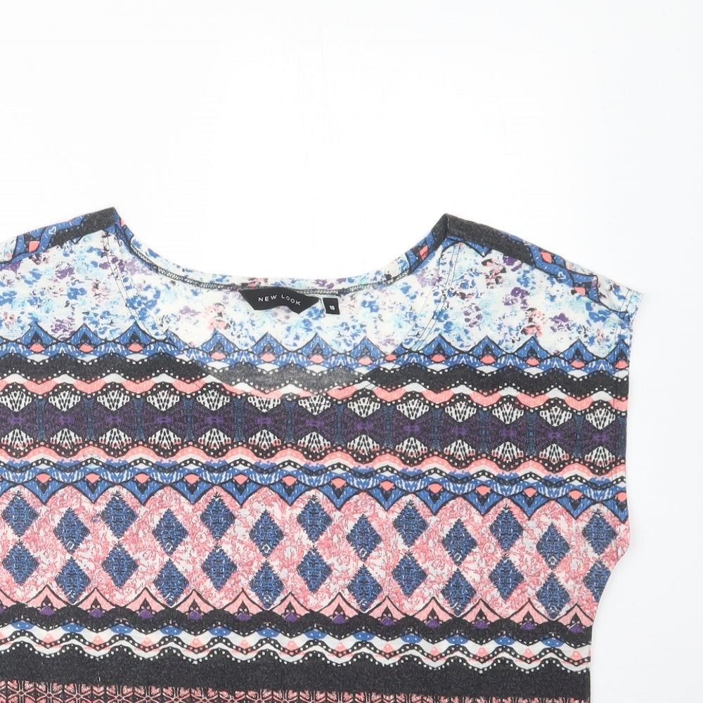 New Look Womens Basic T-Shirt Size 10 Blue Geometric Crew Neck Short Sleeve - close detail