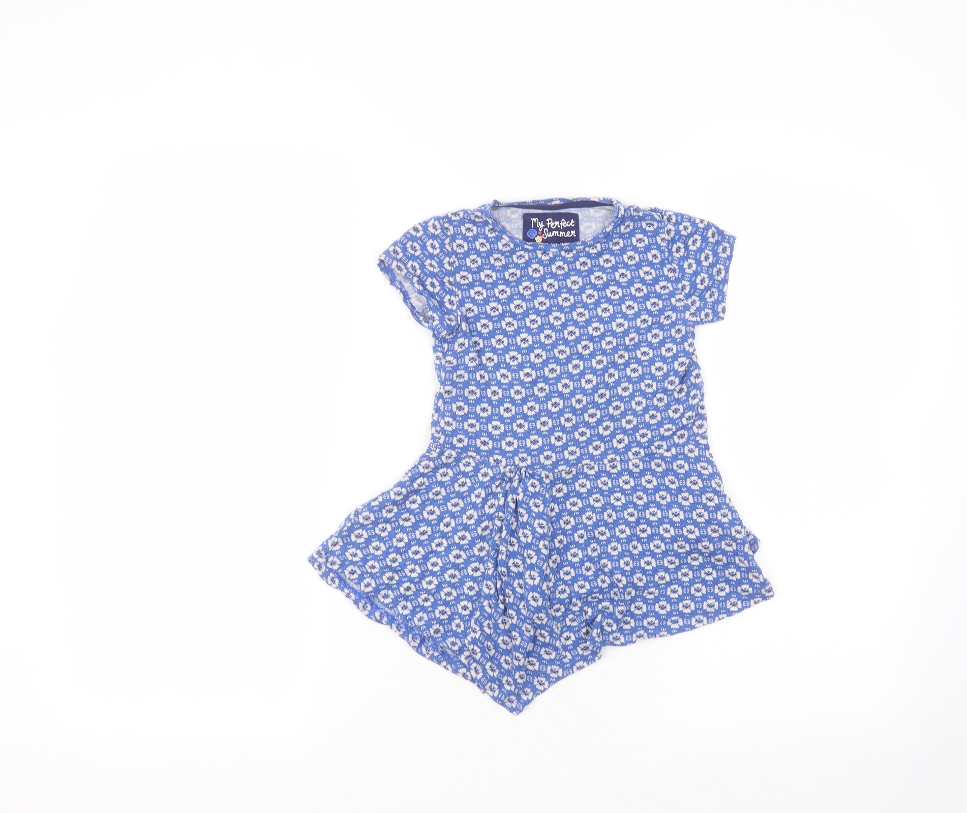 TU Girls A-Line Dress Size 3-4 Years Blue Floral Short Round Neck Short Sleeve - reverse view