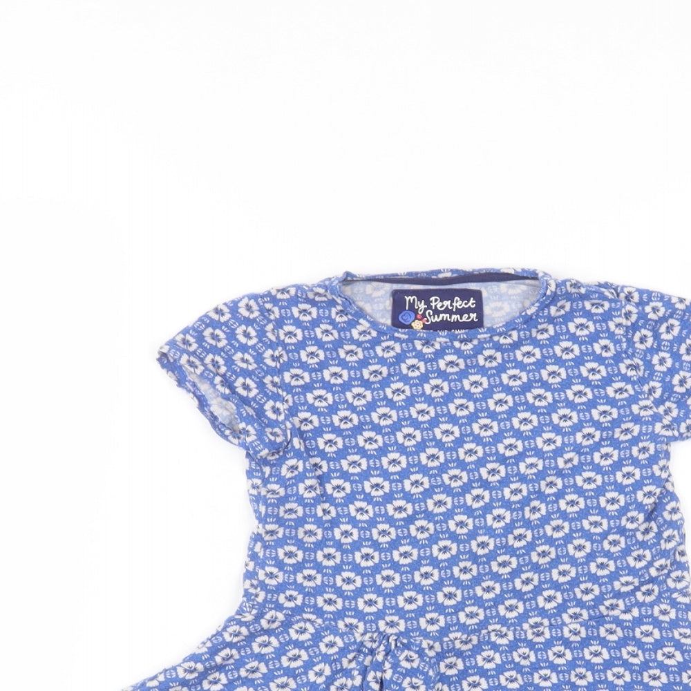 TU Girls A-Line Dress Size 3-4 Years Blue Floral Short Round Neck Short Sleeve - close detail