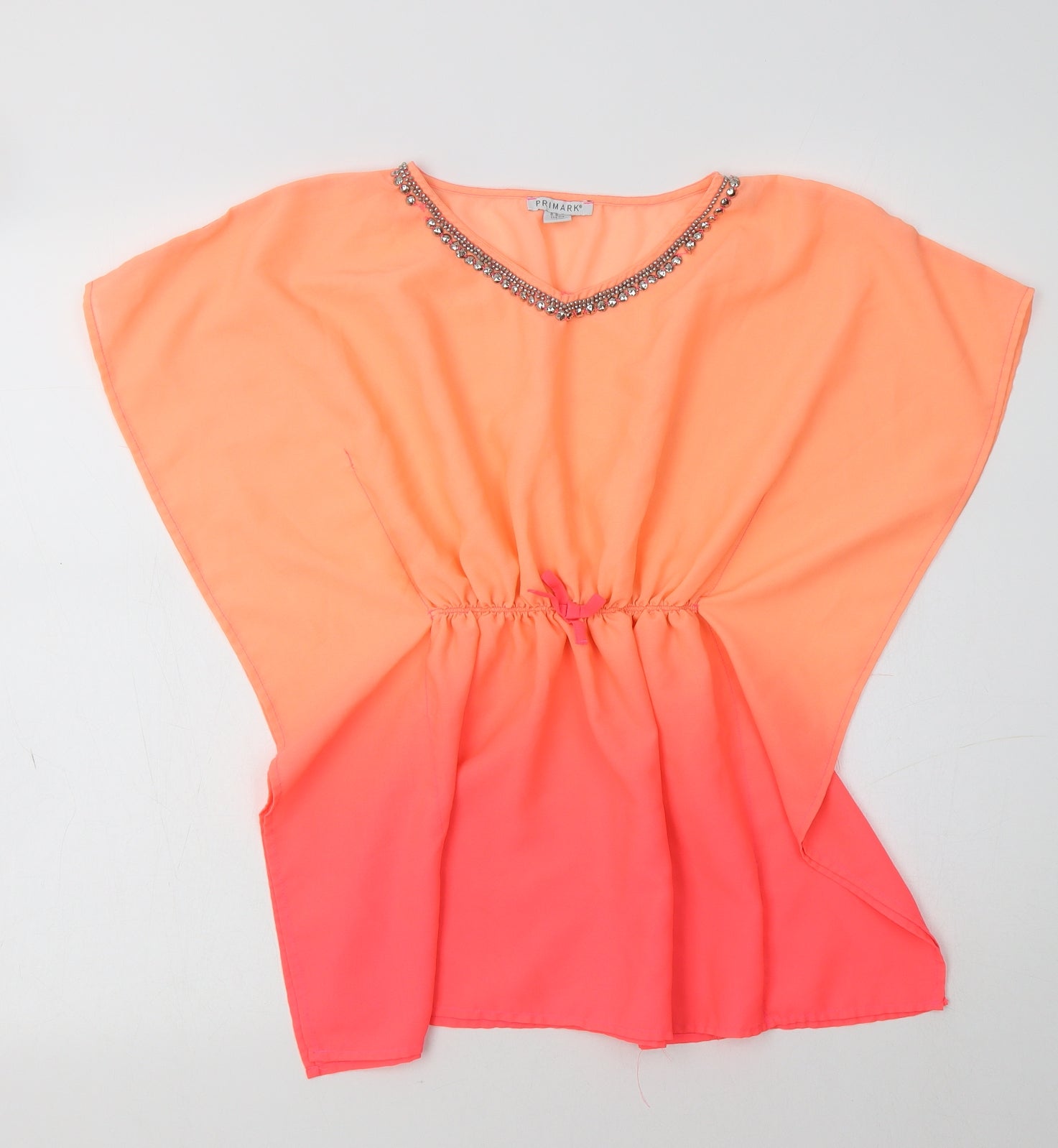 Primark Girls Tunic Blouse Size 8-9 Years Orange V-Neck Embellished Collar - reverse view