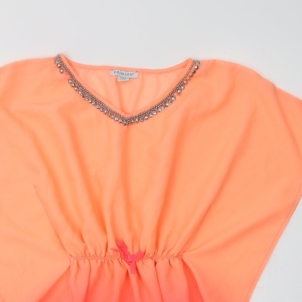 Primark Girls Tunic Blouse Size 8-9 Years Orange V-Neck Embellished Collar - close detail