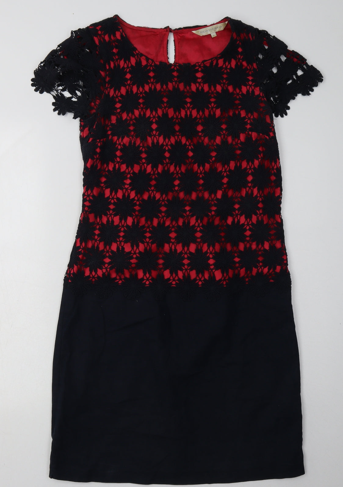 Debenhams Womens Bodycon Dress Size 8 Red Floral Knee Length Crew Neck - reverse view