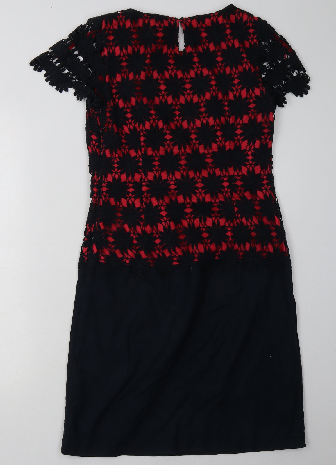 Debenhams Womens Bodycon Dress Size 8 Red Floral Knee Length Crew Neck - label detail
