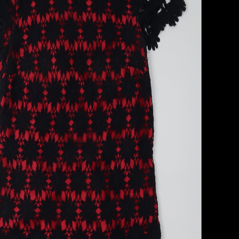 Debenhams Womens Bodycon Dress Size 8 Red Floral Knee Length Crew Neck - close detail