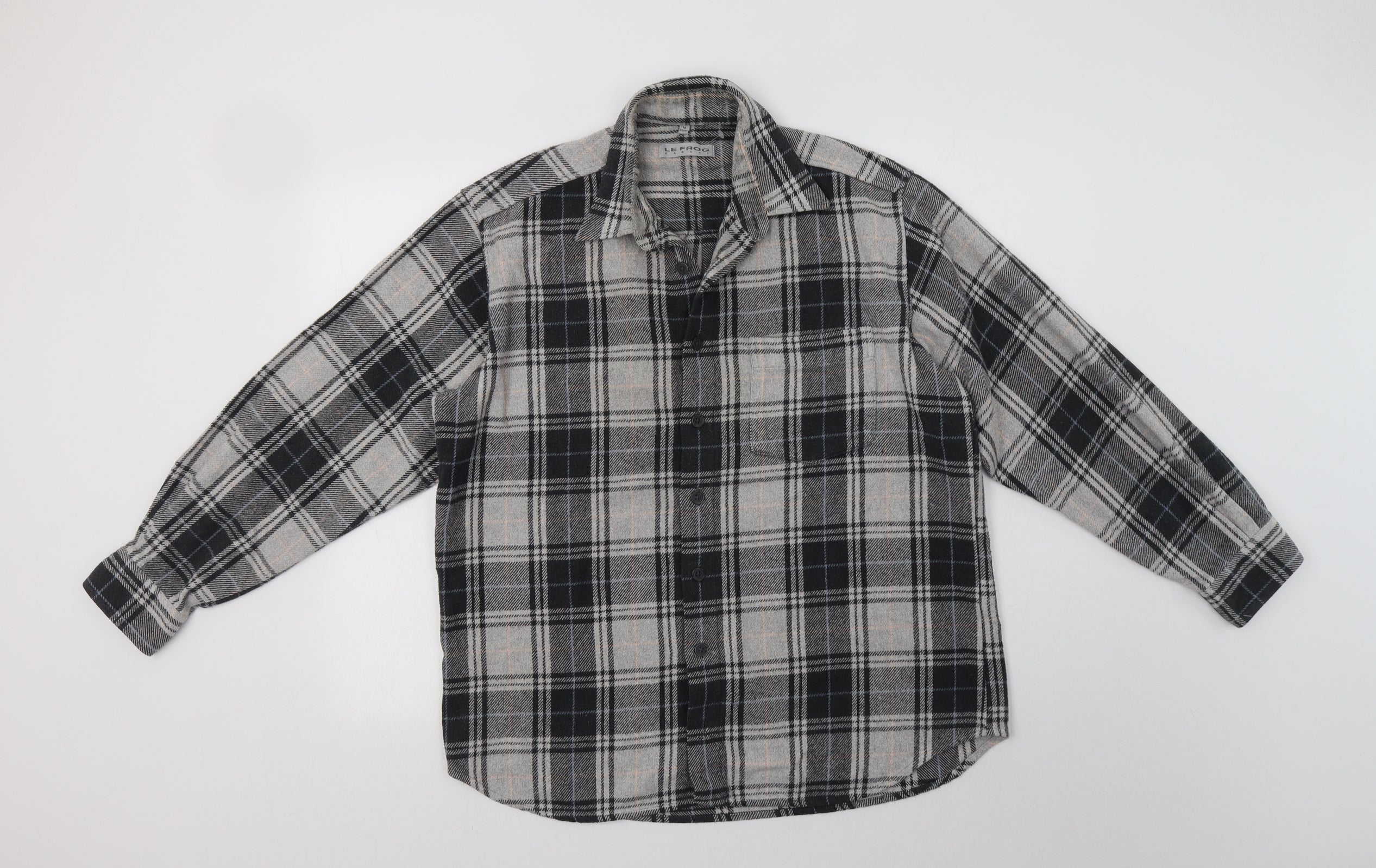 Le Frog Mens Button-Up Size M Grey Check Collared Long Sleeve - reverse view