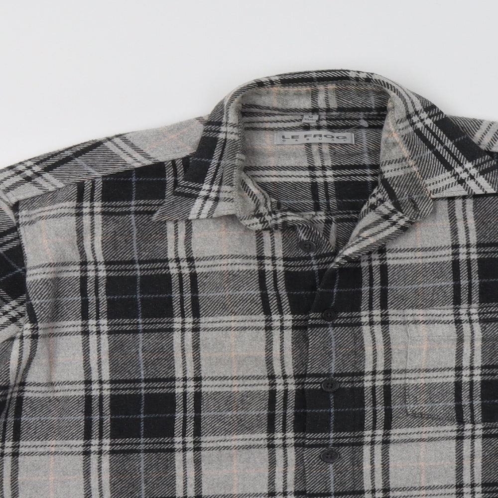 Le Frog Mens Button-Up Size M Grey Check Collared Long Sleeve - close detail