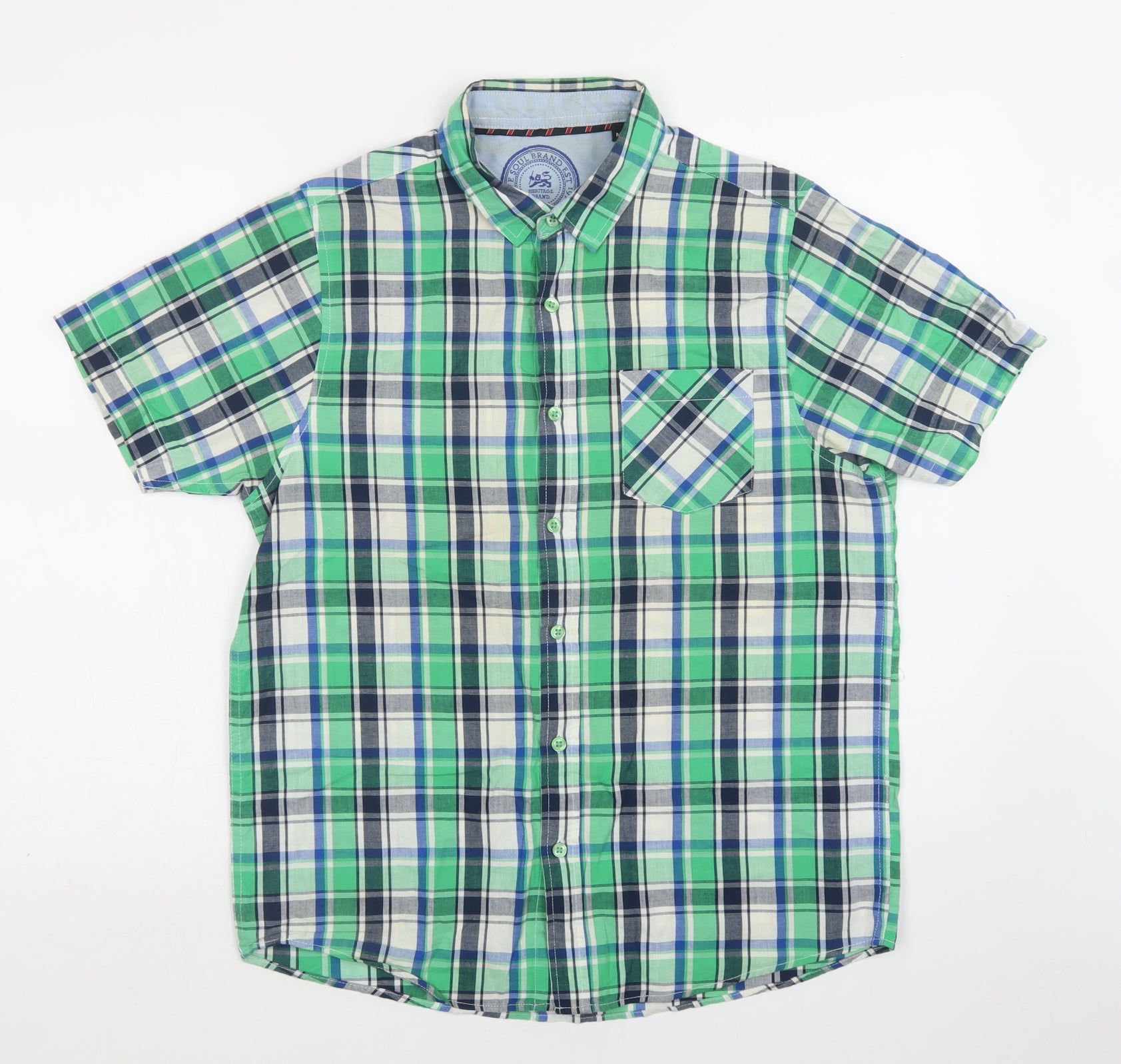 Brave Soul Mens Button-Up Size M Green Check Collared Short Sleeve - reverse view