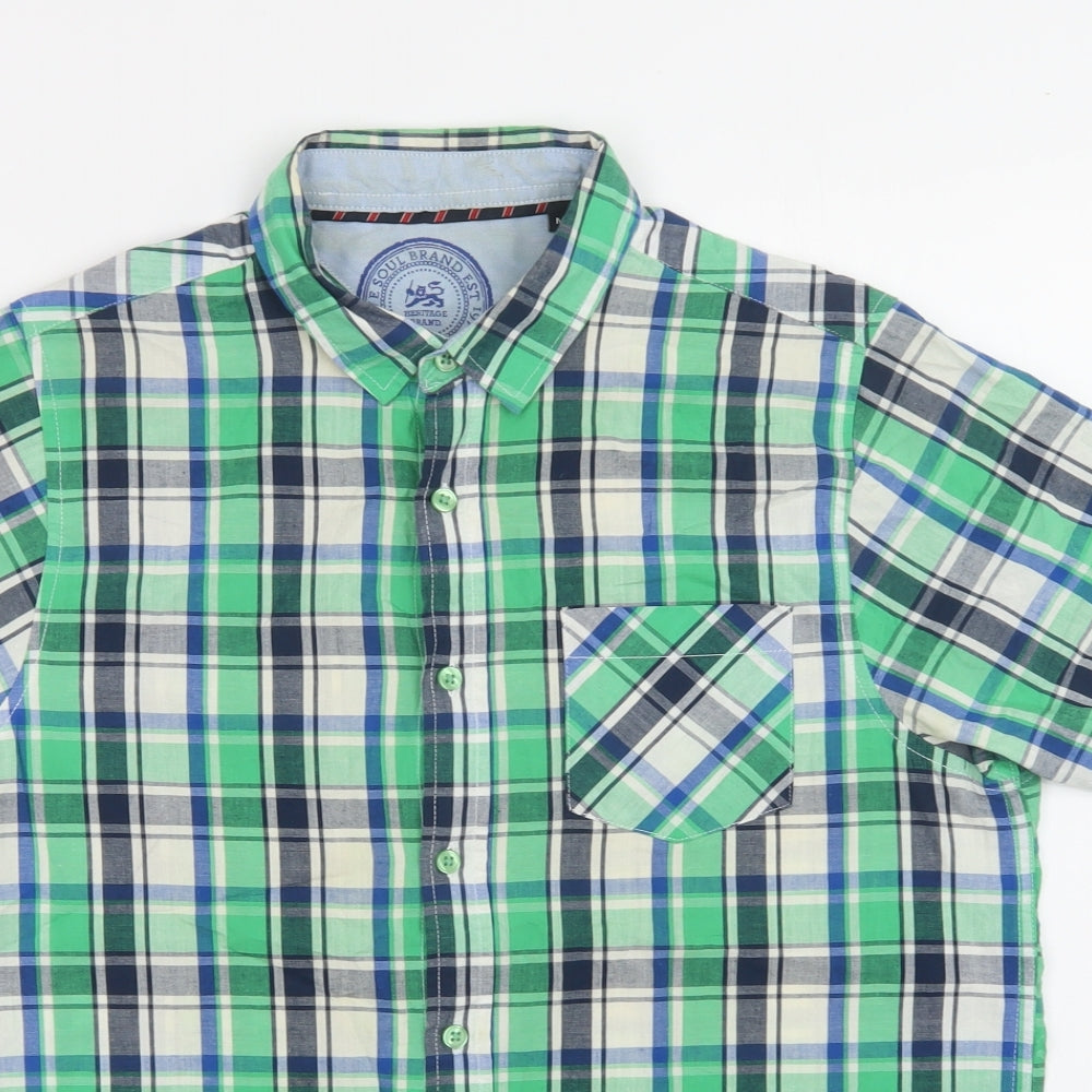 Brave Soul Mens Button-Up Size M Green Check Collared Short Sleeve - close detail
