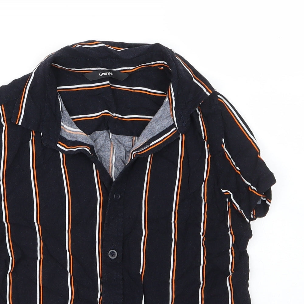 George Boys Basic Button-Up Size 7 Years Blue Striped Collared Short Sleeve - close detail