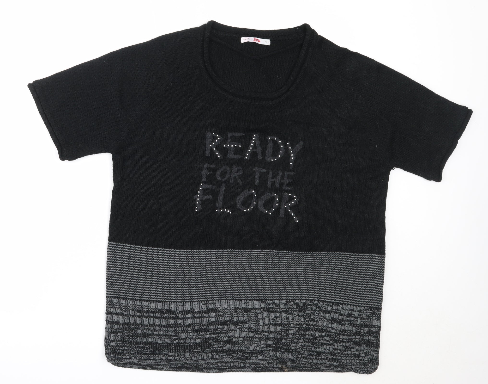 Womens Pool Size M Pullover Jumper Black Round Neck Short Sleeve - reverse view