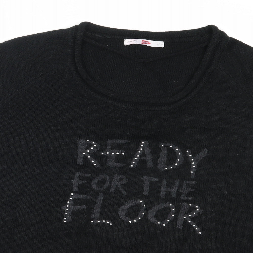 Womens Pool Size M Pullover Jumper Black Round Neck Short Sleeve - close detail