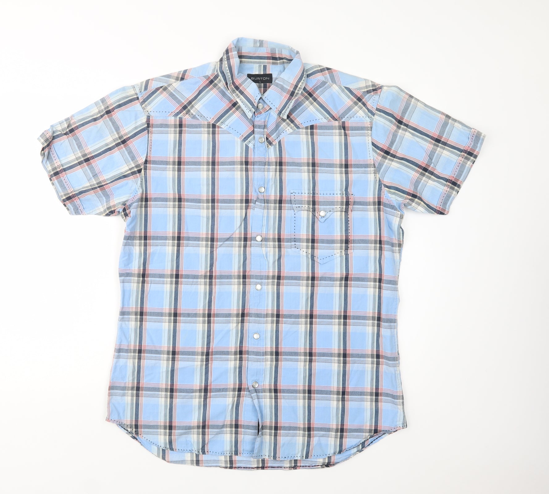 Burton Mens Button-Up Size L Blue Check Collared Short Sleeve - reverse view