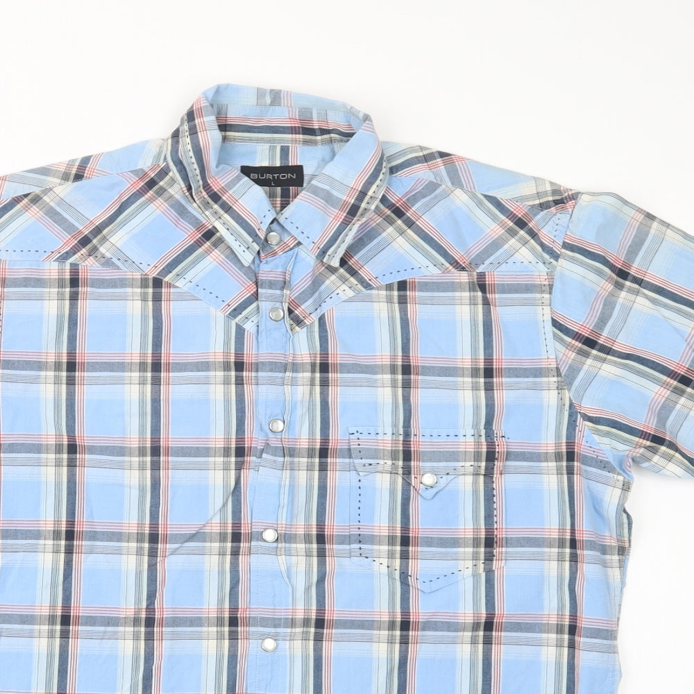 Burton Mens Button-Up Size L Blue Check Collared Short Sleeve - close detail