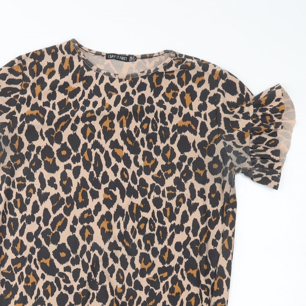 I Saw It First Womens T-Shirt Dress Size 6 Brown Animal Print Short Crew Neck - close detail