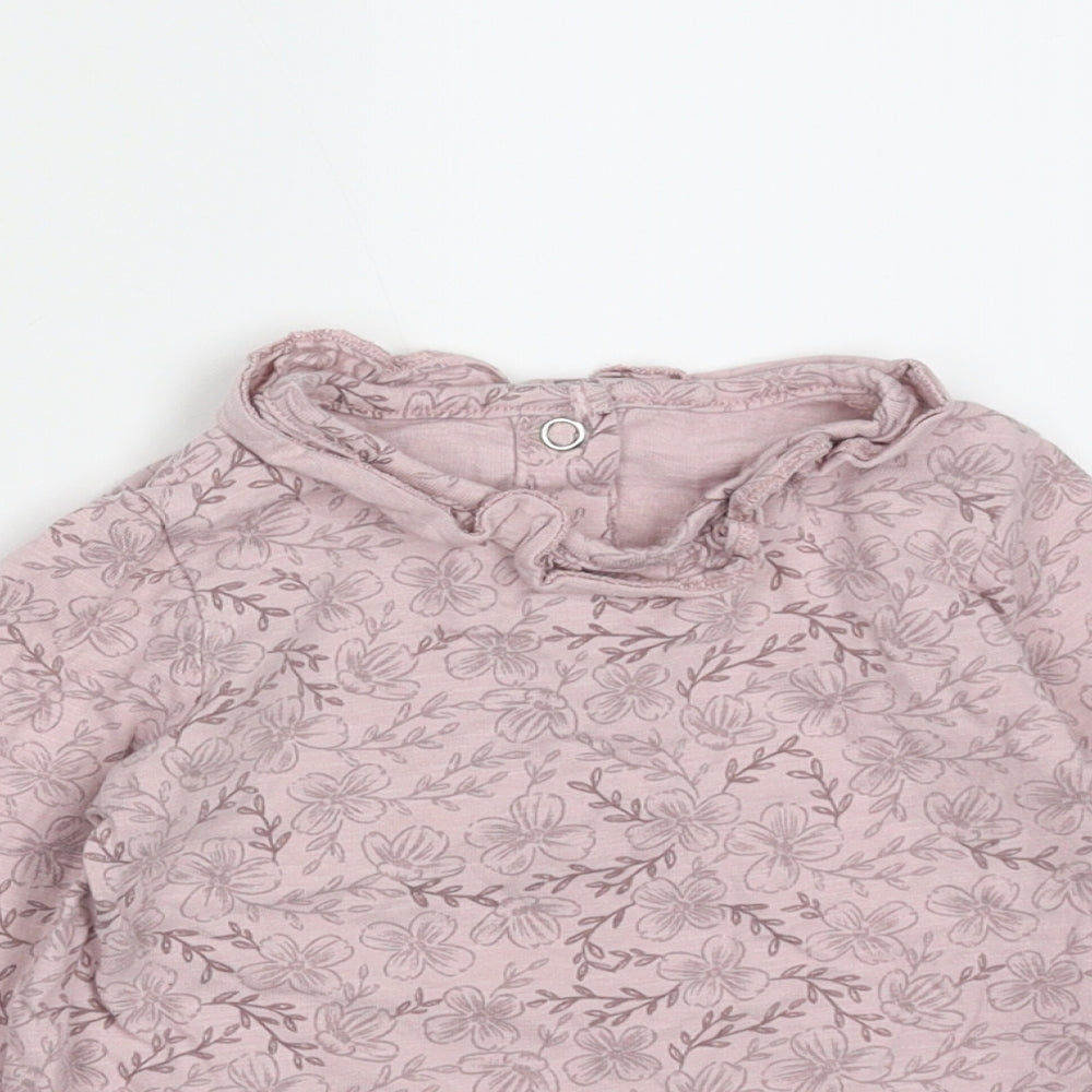 TU Girls Basic T-Shirt Size 9-12 Months Purple Floral Round Neck Long Sleeve - close detail