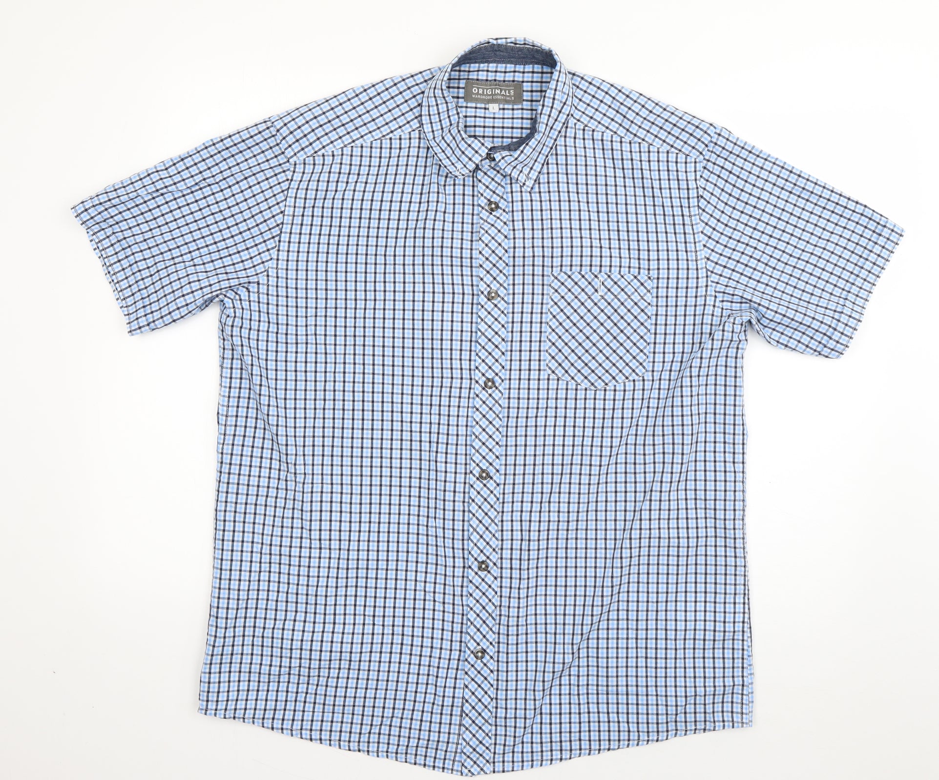 Originals Mens Button-Up Size L Blue Check Collared Short Sleeve - reverse view