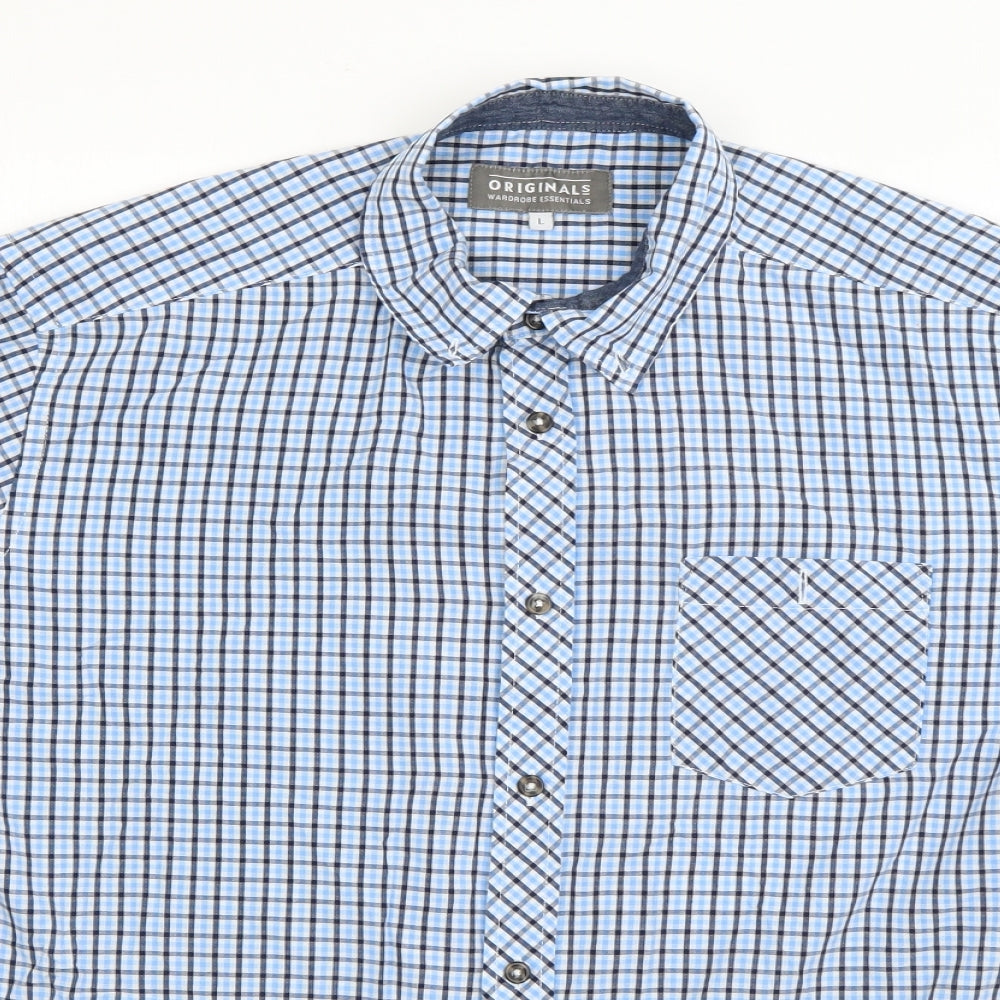 Originals Mens Button-Up Size L Blue Check Collared Short Sleeve - close detail