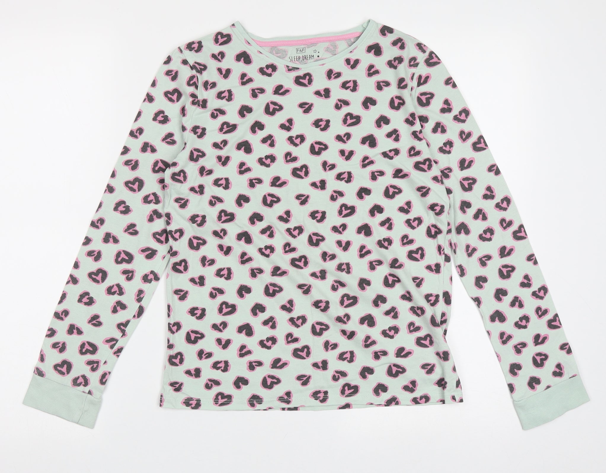 F&F Girls Cami Pyjama Top Size 12-13 Years Green Animal Print Long Sleeve - reverse view