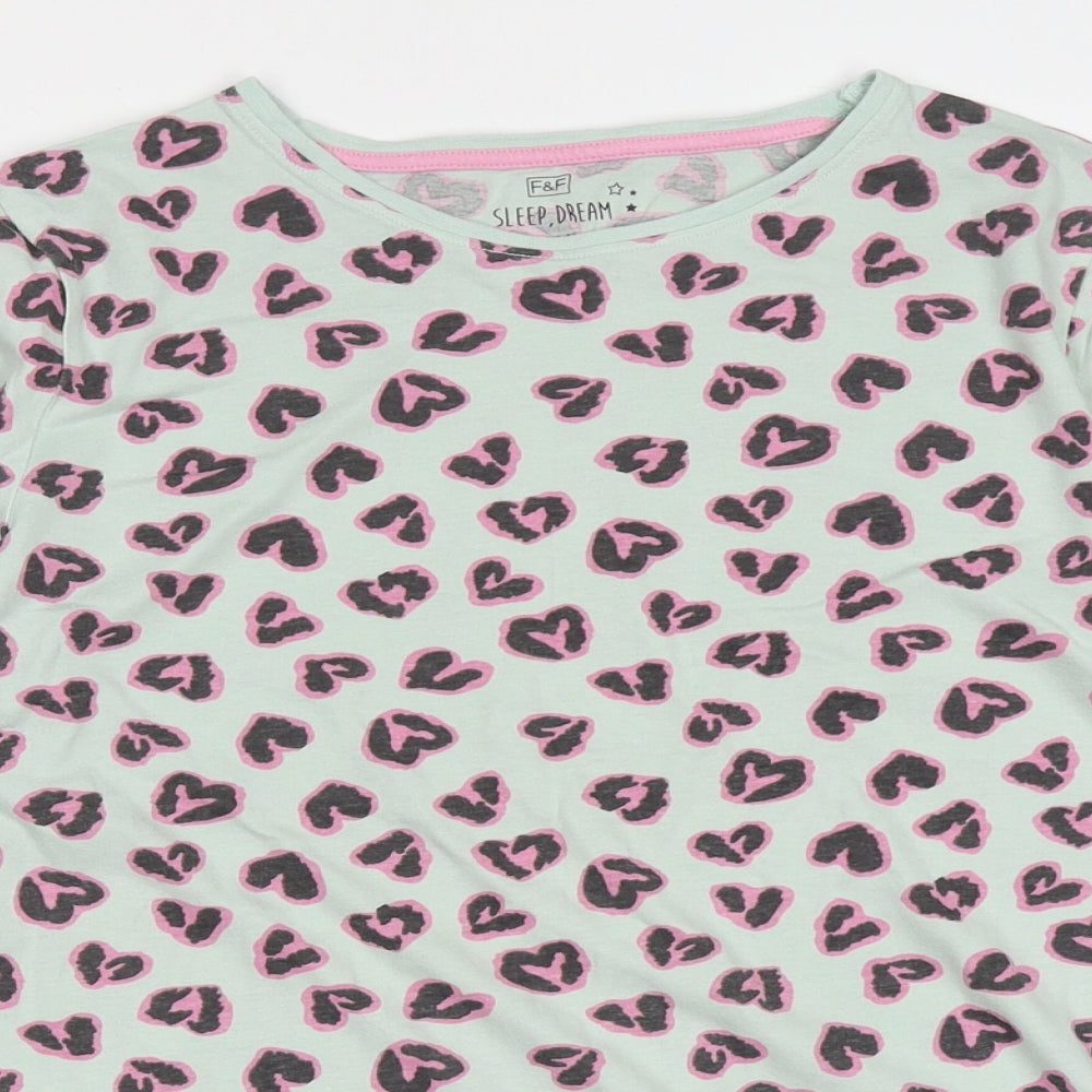 F&F Girls Cami Pyjama Top Size 12-13 Years Green Animal Print Long Sleeve - close detail